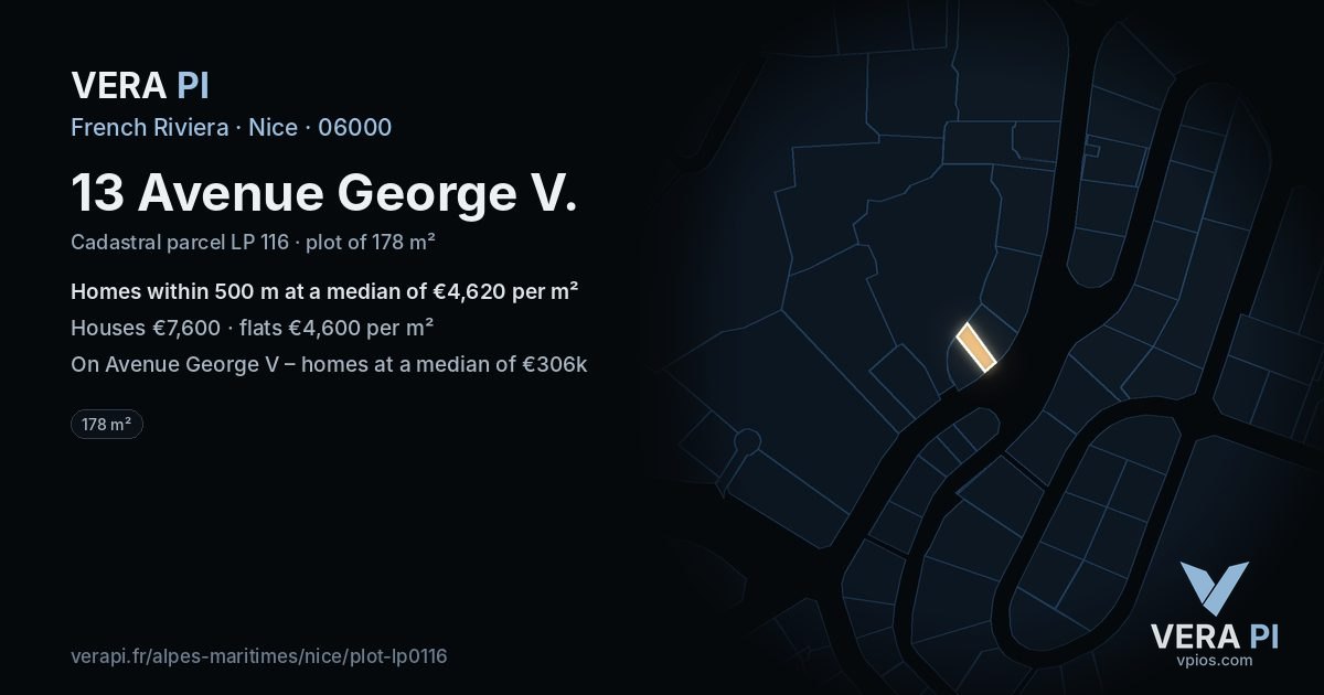 13 Avenue George V, Nice at night – the plot lit, the parcels around coloured by the prices near them