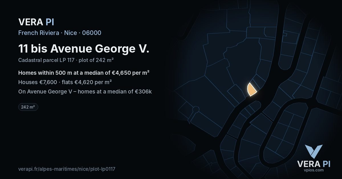 11 bis Avenue George V, Nice at night – the plot lit, the parcels around coloured by the prices near them