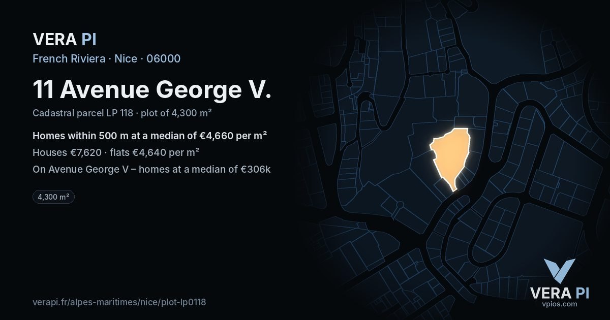 11 Avenue George V, Nice at night – the plot lit, the parcels around coloured by the prices near them