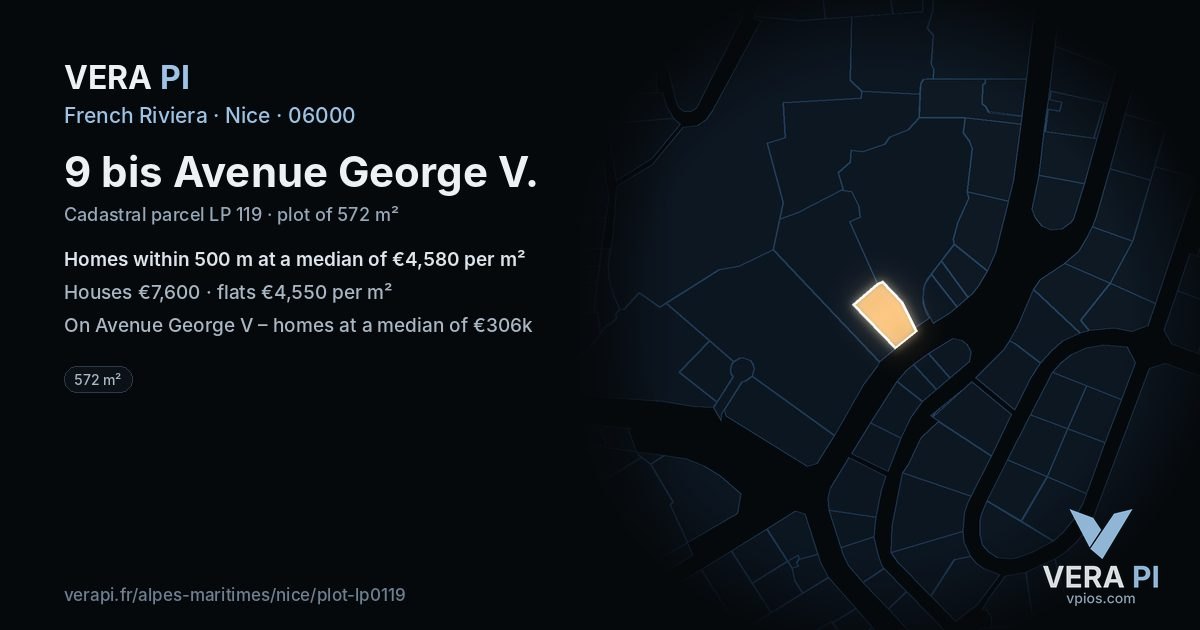 9 bis Avenue George V, Nice at night – the plot lit, the parcels around coloured by the prices near them