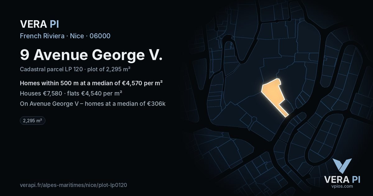 9 Avenue George V, Nice at night – the plot lit, the parcels around coloured by the prices near them
