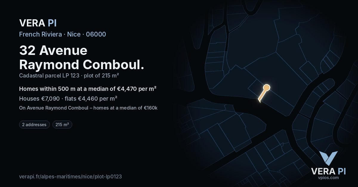 32 Avenue Raymond Comboul, Nice at night – the plot lit, the parcels around coloured by the prices near them