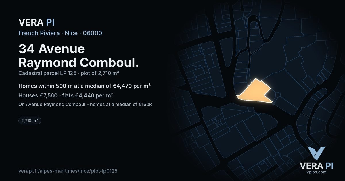 34 Avenue Raymond Comboul, Nice at night – the plot lit, the parcels around coloured by the prices near them