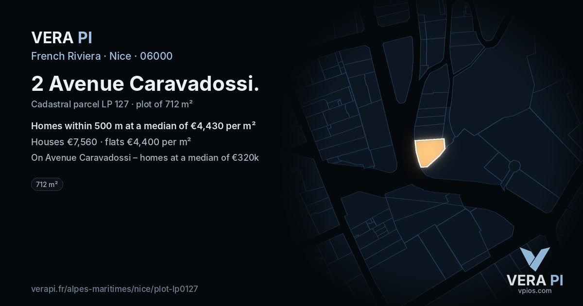 2 Avenue Caravadossi, Nice at night – the plot lit, the parcels around coloured by the prices near them