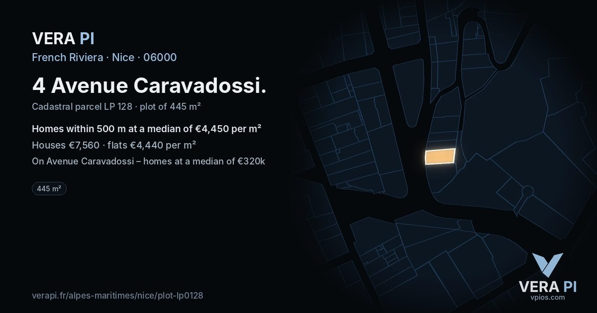 4 Avenue Caravadossi, Nice at night – the plot lit, the parcels around coloured by the prices near them