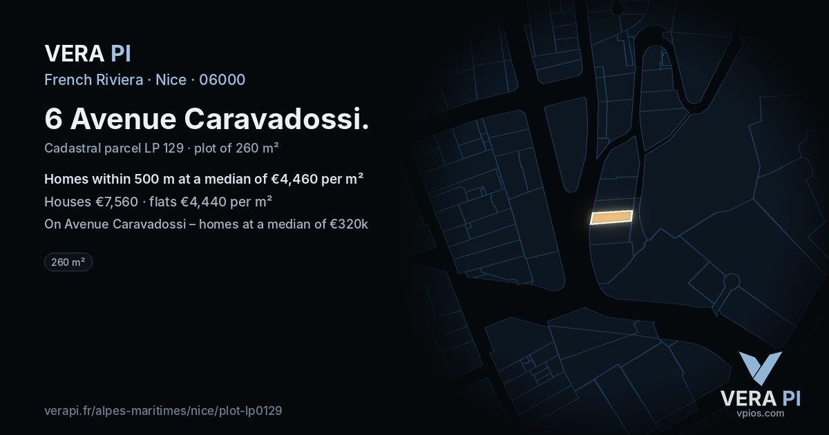 6 Avenue Caravadossi, Nice at night – the plot lit, the parcels around coloured by the prices near them