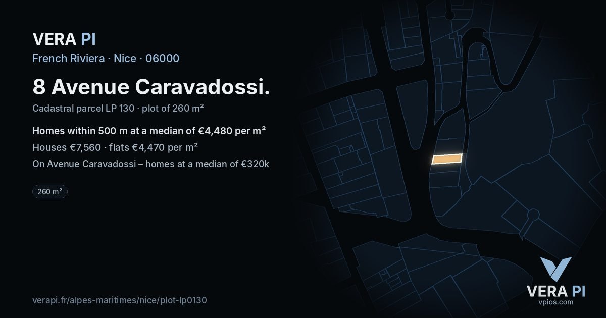 8 Avenue Caravadossi, Nice at night – the plot lit, the parcels around coloured by the prices near them