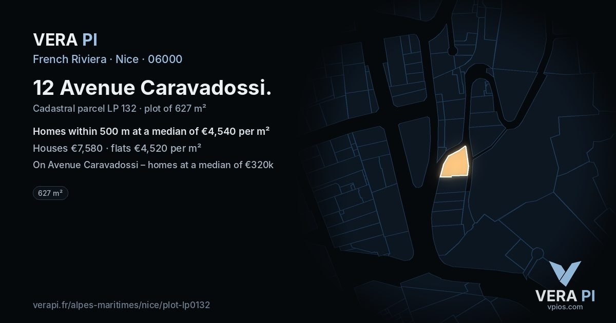 12 Avenue Caravadossi, Nice at night – the plot lit, the parcels around coloured by the prices near them