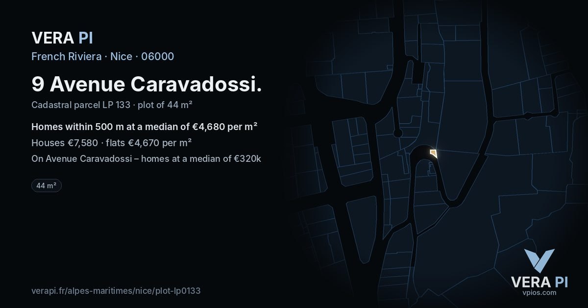 9 Avenue Caravadossi, Nice at night – the plot lit, the parcels around coloured by the prices near them