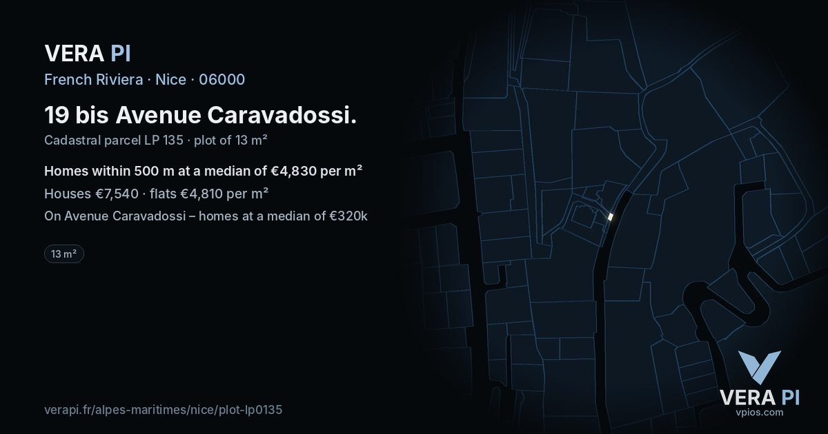 19 bis Avenue Caravadossi, Nice at night – the plot lit, the parcels around coloured by the prices near them