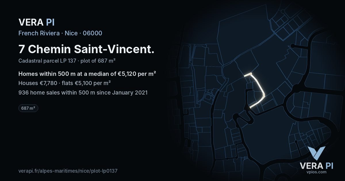 7 Chemin Saint-Vincent, Nice at night – the plot lit, the parcels around coloured by the prices near them