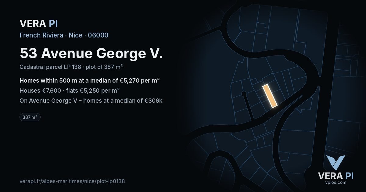 53 Avenue George V, Nice at night – the plot lit, the parcels around coloured by the prices near them