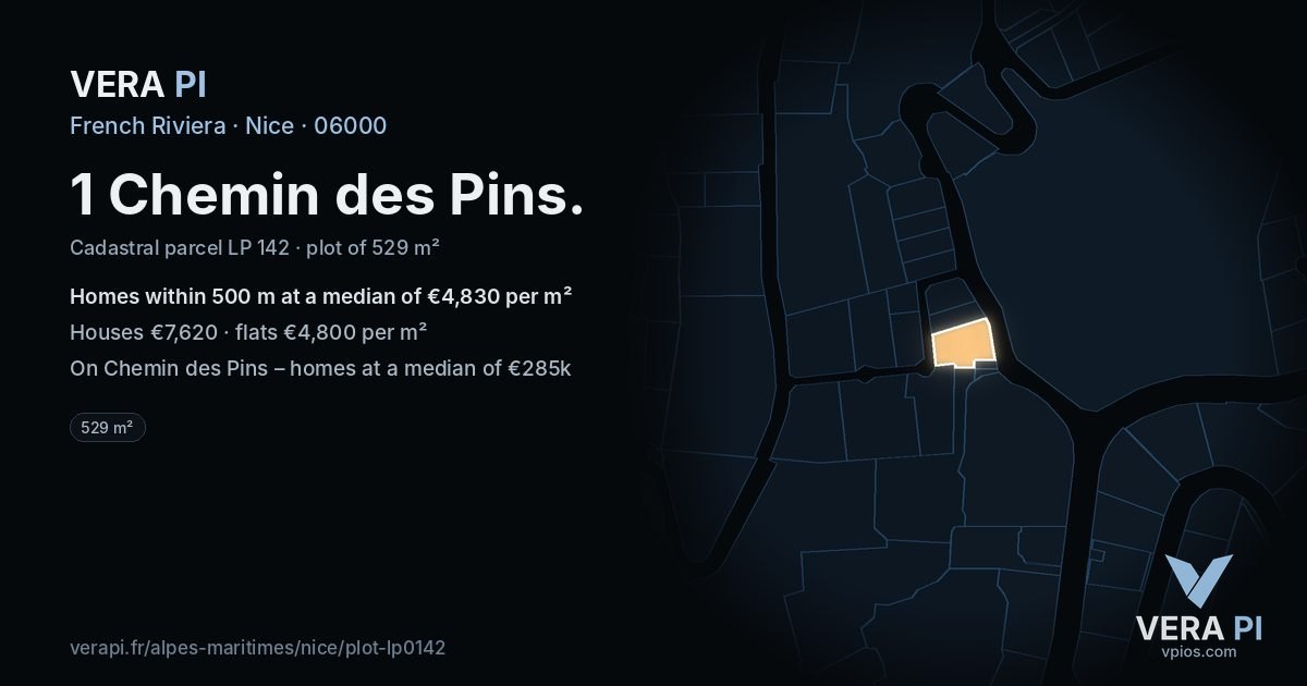 1 Chemin des Pins, Nice at night – the plot lit, the parcels around coloured by the prices near them