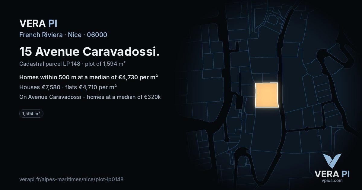 15 Avenue Caravadossi, Nice at night – the plot lit, the parcels around coloured by the prices near them