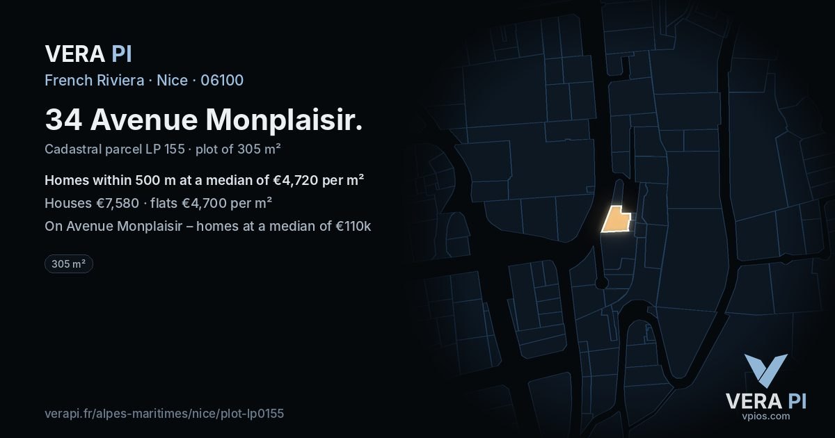 34 Avenue Monplaisir, Nice at night – the plot lit, the parcels around coloured by the prices near them