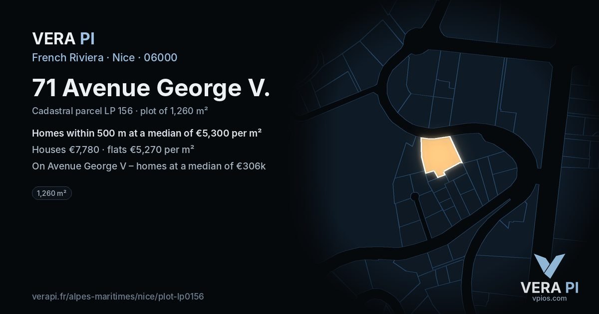 71 Avenue George V, Nice at night – the plot lit, the parcels around coloured by the prices near them