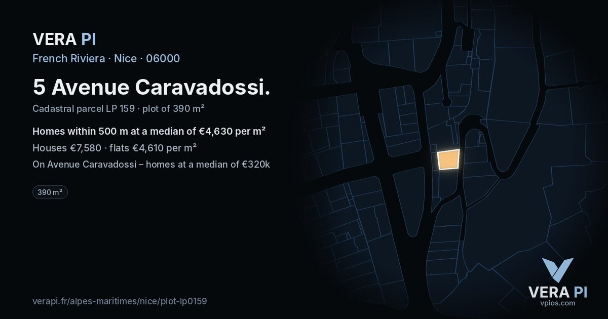 5 Avenue Caravadossi, Nice at night – the plot lit, the parcels around coloured by the prices near them