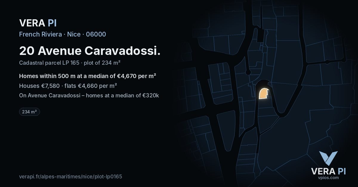 20 Avenue Caravadossi, Nice at night – the plot lit, the parcels around coloured by the prices near them