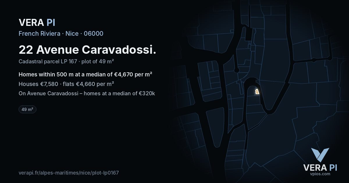 22 Avenue Caravadossi, Nice at night – the plot lit, the parcels around coloured by the prices near them