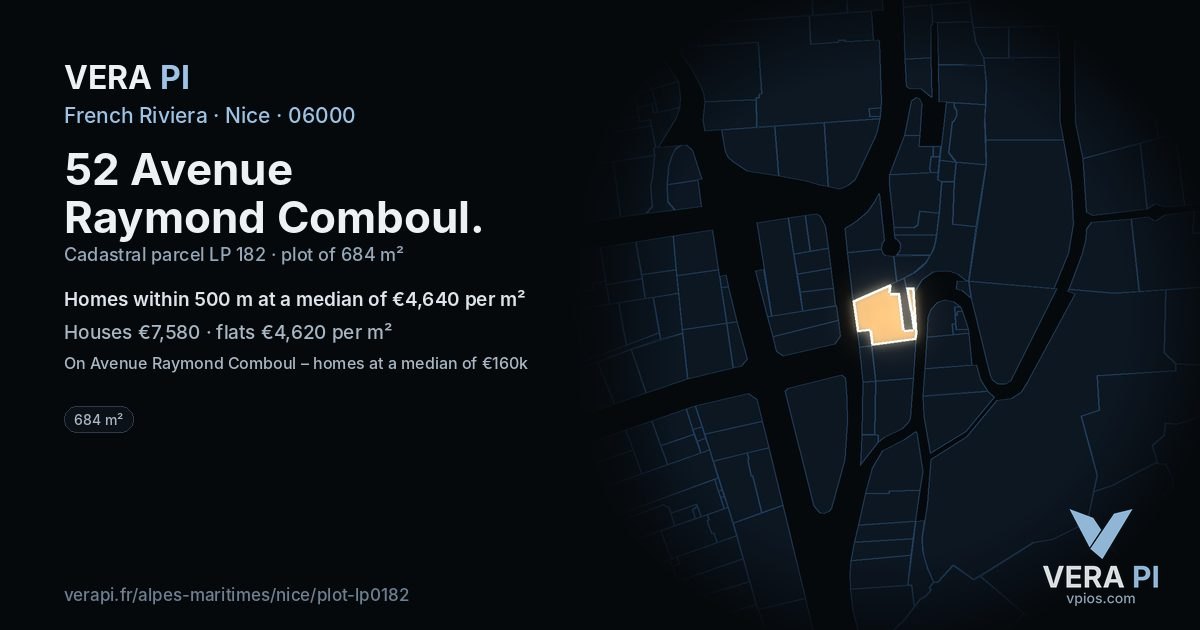 52 Avenue Raymond Comboul, Nice at night – the plot lit, the parcels around coloured by the prices near them