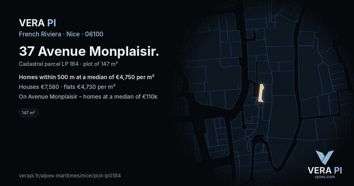 37 Avenue Monplaisir, Nice at night – the plot lit, the parcels around coloured by the prices near them