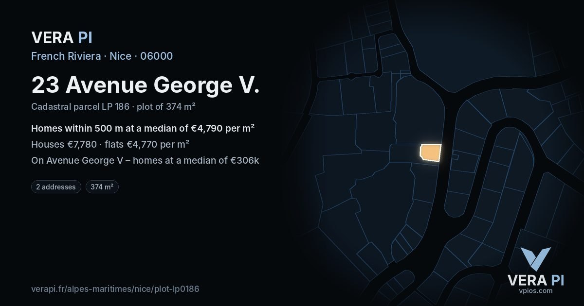 23 Avenue George V, Nice at night – the plot lit, the parcels around coloured by the prices near them