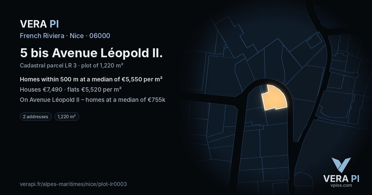 5 bis Avenue Léopold II, Nice at night – the plot lit, the parcels around coloured by the prices near them