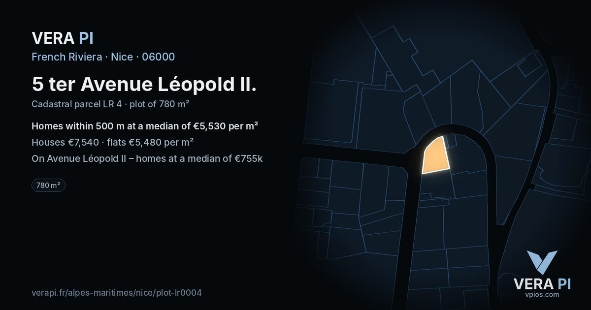 5 ter Avenue Léopold II, Nice at night – the plot lit, the parcels around coloured by the prices near them