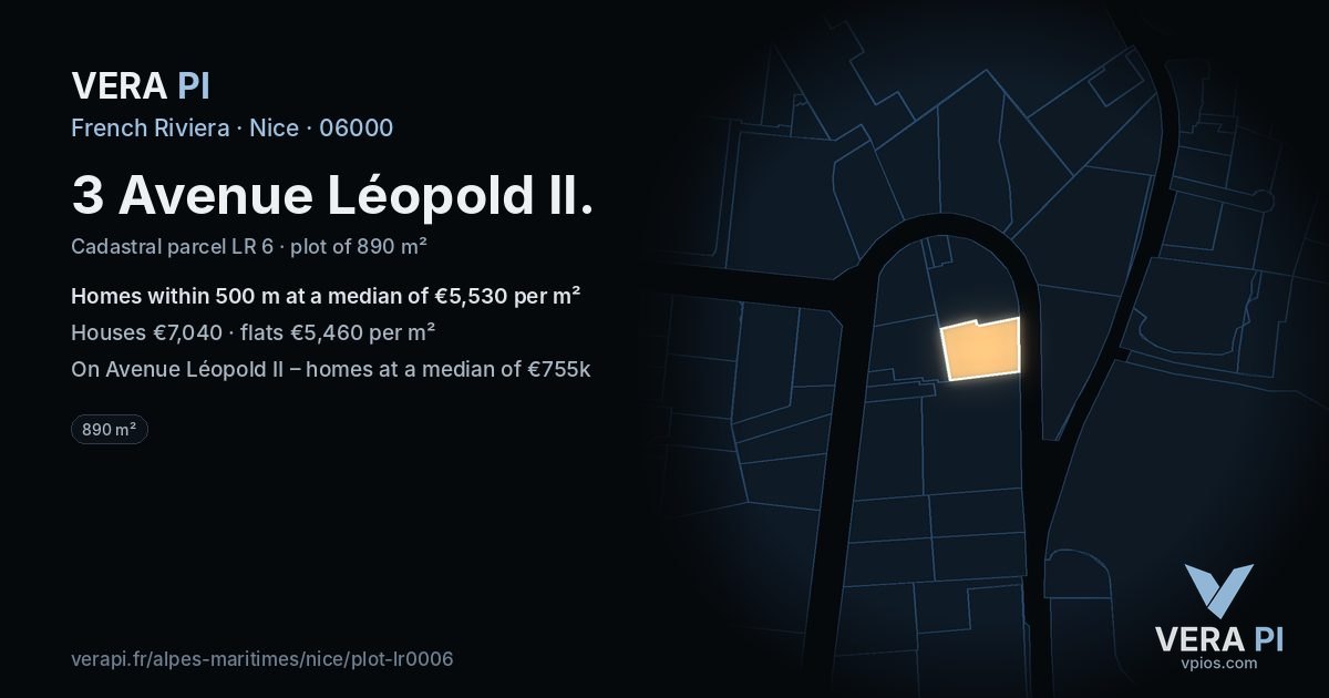 3 Avenue Léopold II, Nice at night – the plot lit, the parcels around coloured by the prices near them