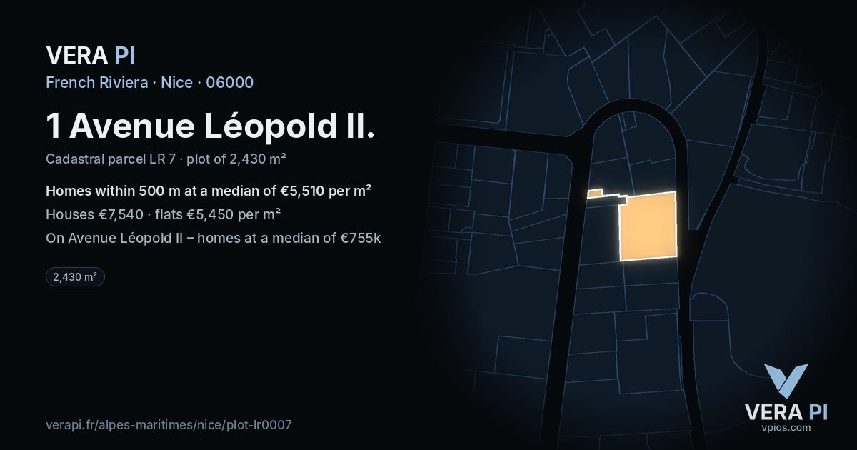 1 Avenue Léopold II, Nice at night – the plot lit, the parcels around coloured by the prices near them