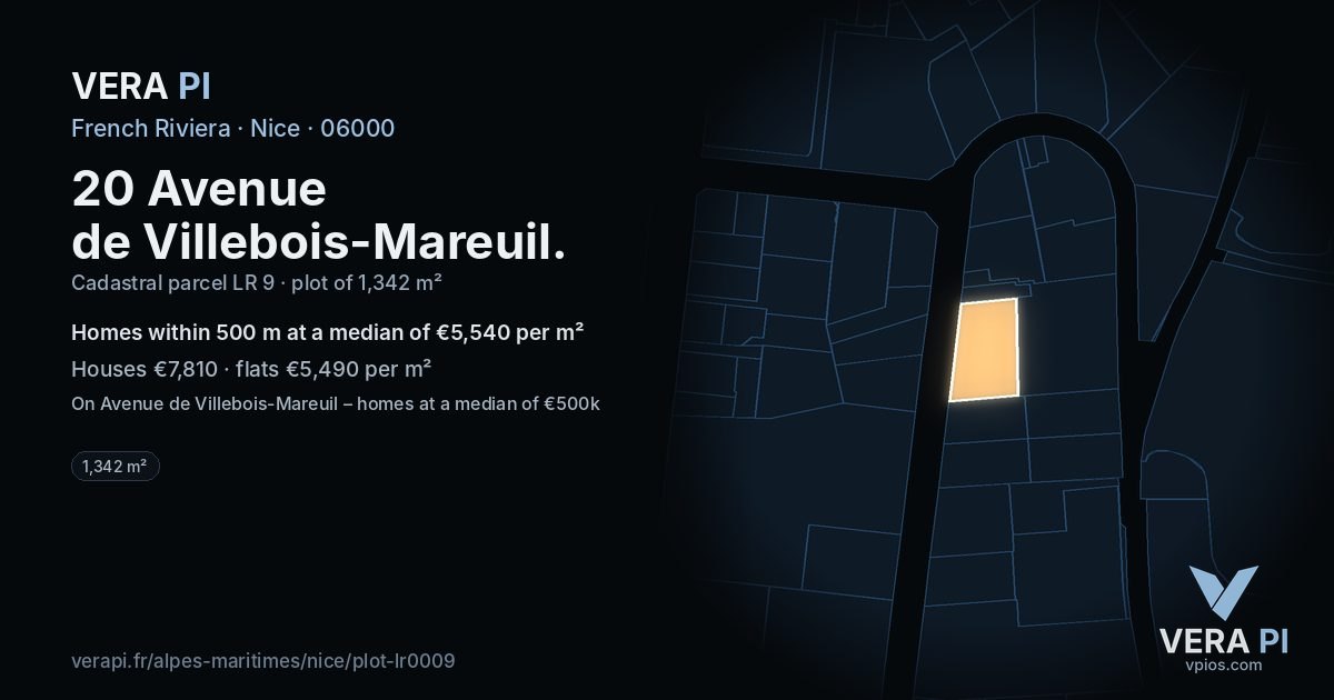 20 Avenue de Villebois-Mareuil, Nice at night – the plot lit, the parcels around coloured by the prices near them