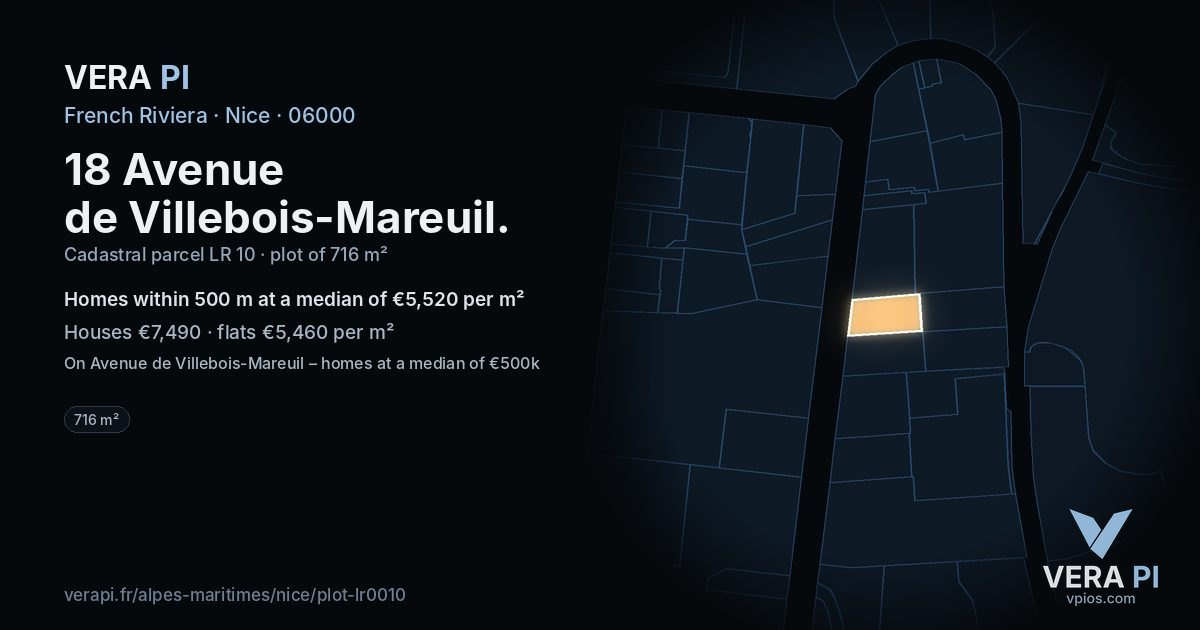 18 Avenue de Villebois-Mareuil, Nice at night – the plot lit, the parcels around coloured by the prices near them