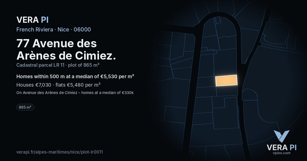 77 Avenue des Arènes de Cimiez, Nice at night – the plot lit, the parcels around coloured by the prices near them