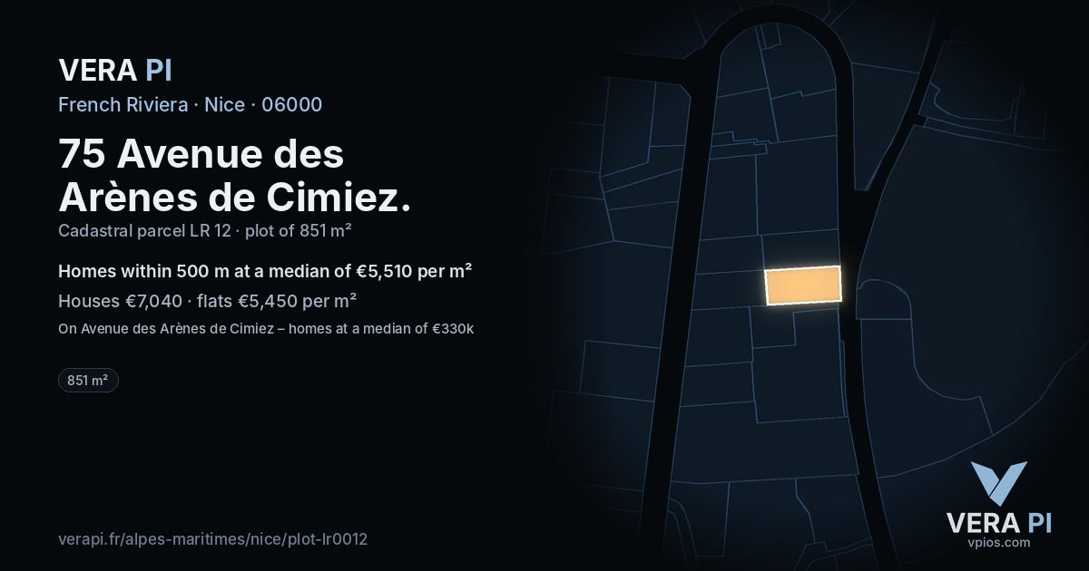 75 Avenue des Arènes de Cimiez, Nice at night – the plot lit, the parcels around coloured by the prices near them