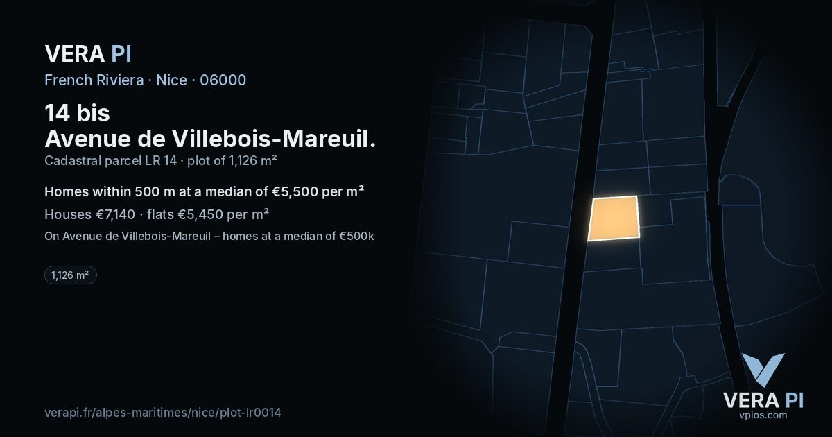14 bis Avenue de Villebois-Mareuil, Nice at night – the plot lit, the parcels around coloured by the prices near them