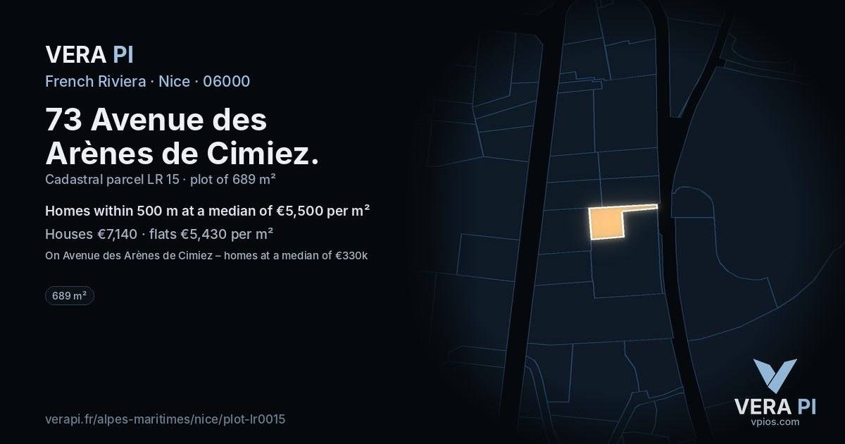 73 Avenue des Arènes de Cimiez, Nice at night – the plot lit, the parcels around coloured by the prices near them
