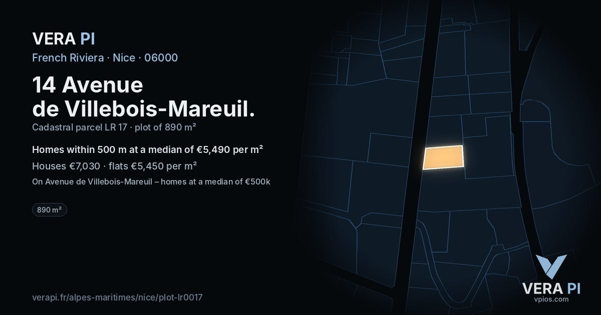 14 Avenue de Villebois-Mareuil, Nice at night – the plot lit, the parcels around coloured by the prices near them