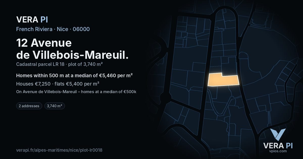 12 Avenue de Villebois-Mareuil, Nice at night – the plot lit, the parcels around coloured by the prices near them