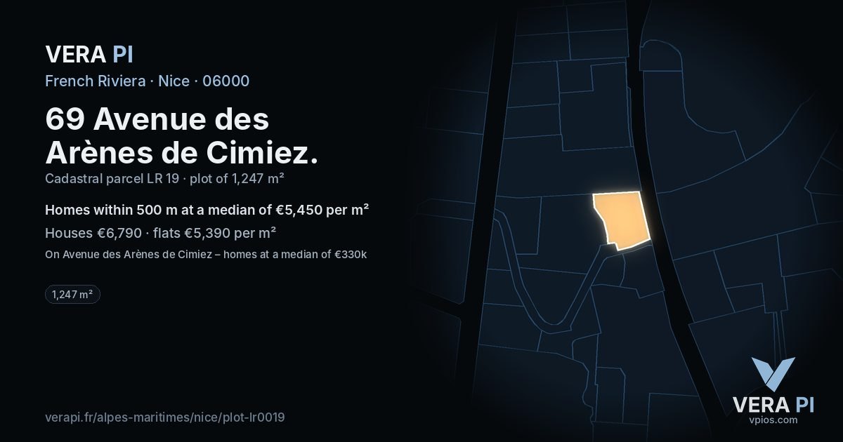 69 Avenue des Arènes de Cimiez, Nice at night – the plot lit, the parcels around coloured by the prices near them