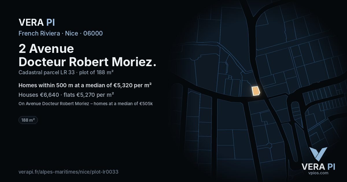 2 Avenue Docteur Robert Moriez, Nice at night – the plot lit, the parcels around coloured by the prices near them