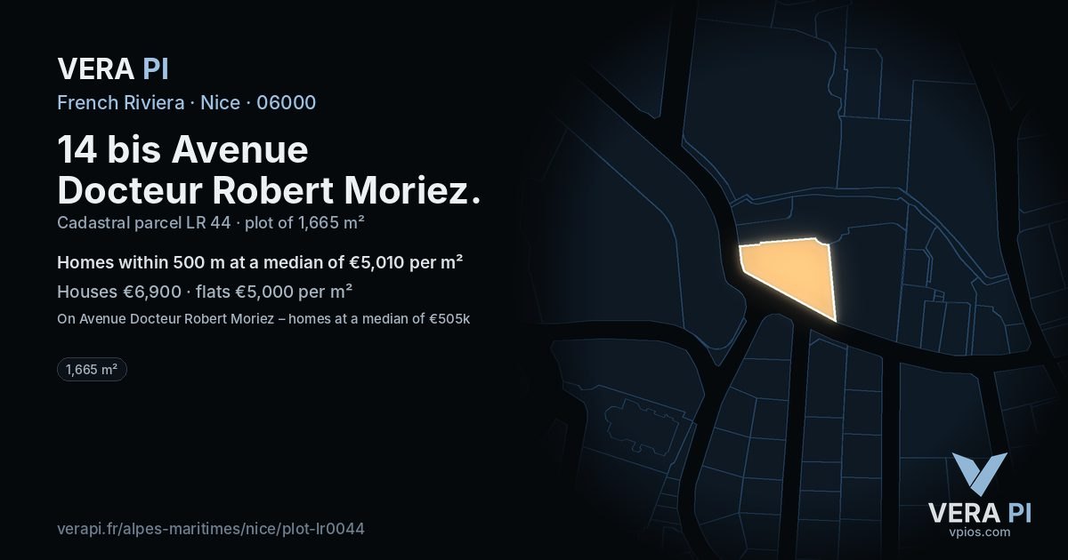 14 bis Avenue Docteur Robert Moriez, Nice at night – the plot lit, the parcels around coloured by the prices near them