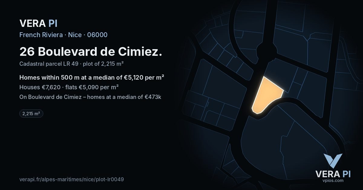 26 Boulevard de Cimiez, Nice at night – the plot lit, the parcels around coloured by the prices near them