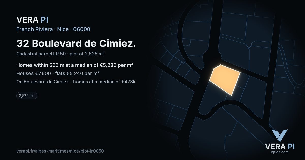 32 Boulevard de Cimiez, Nice at night – the plot lit, the parcels around coloured by the prices near them