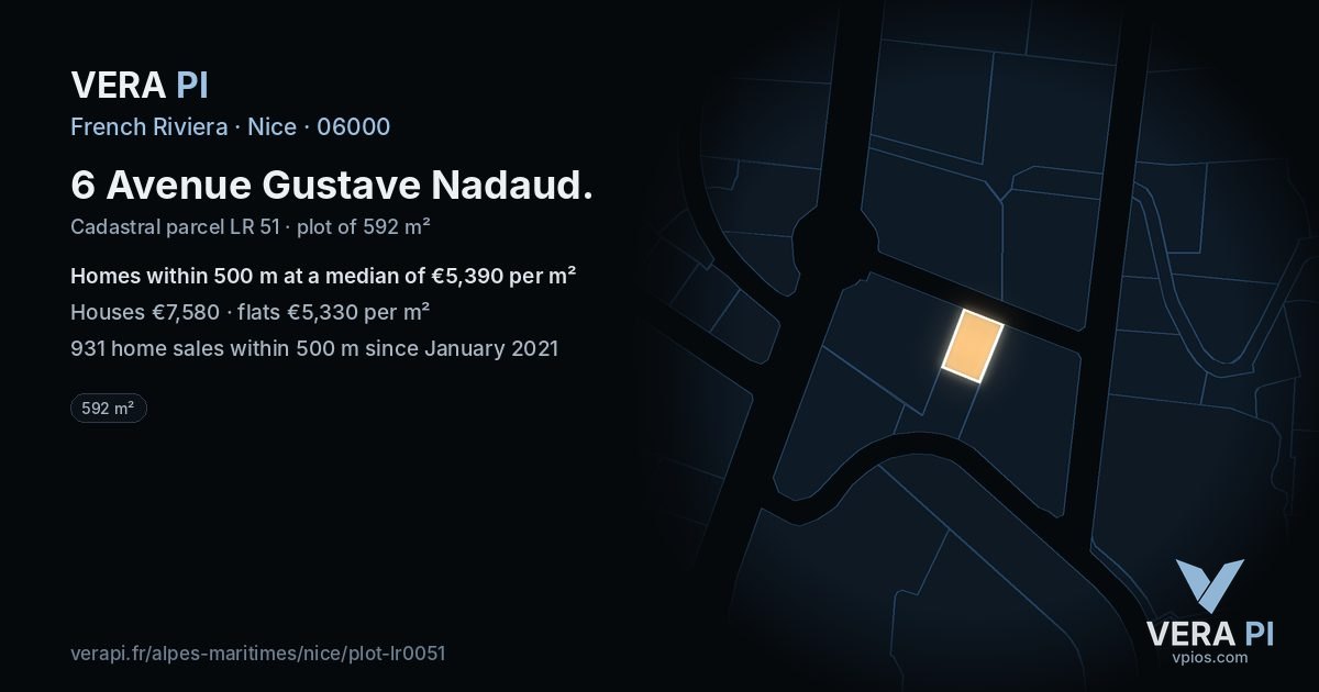 6 Avenue Gustave Nadaud, Nice at night – the plot lit, the parcels around coloured by the prices near them