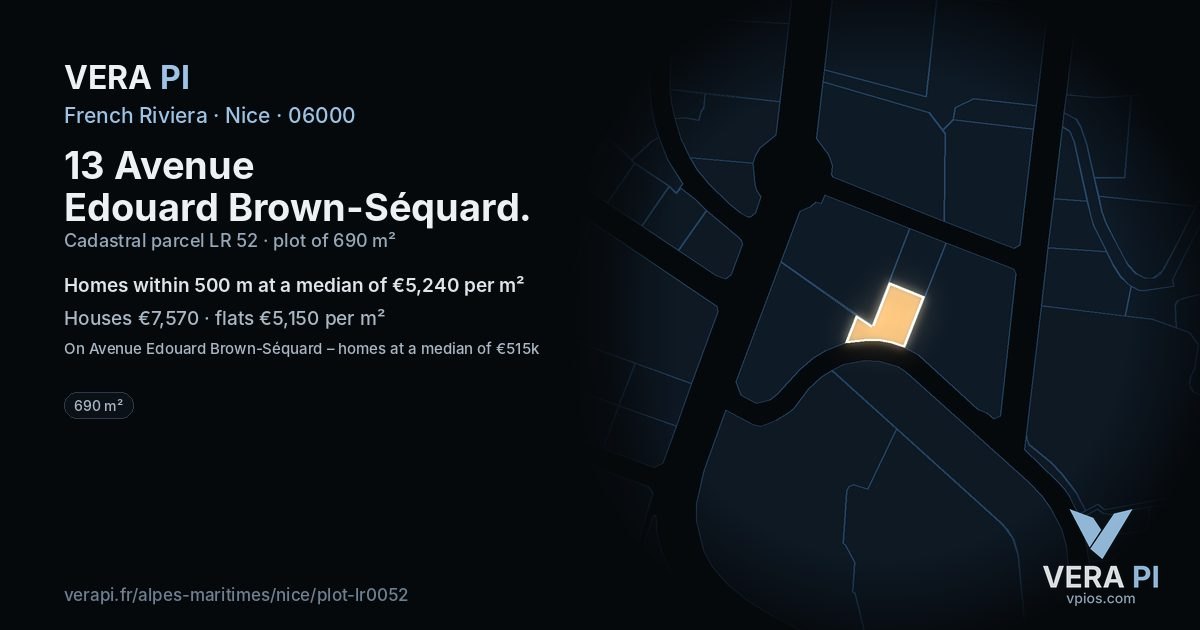 13 Avenue Edouard Brown-Séquard, Nice at night – the plot lit, the parcels around coloured by the prices near them