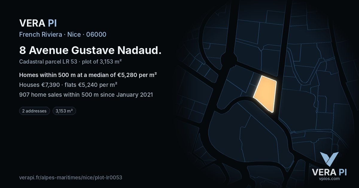 8 Avenue Gustave Nadaud, Nice at night – the plot lit, the parcels around coloured by the prices near them