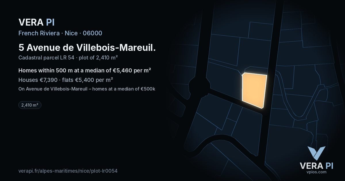 5 Avenue de Villebois-Mareuil, Nice at night – the plot lit, the parcels around coloured by the prices near them