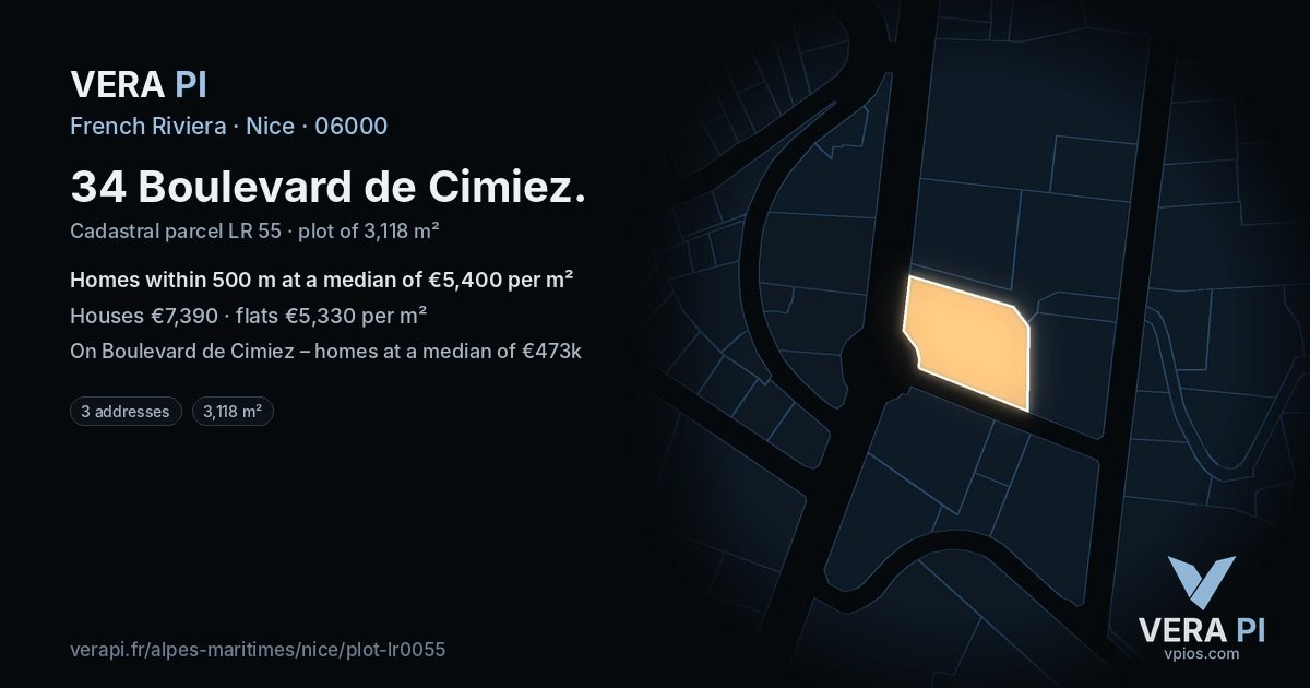 34 Boulevard de Cimiez, Nice at night – the plot lit, the parcels around coloured by the prices near them