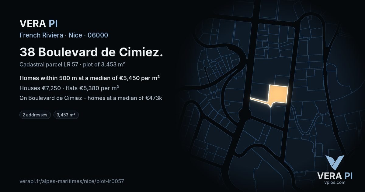 38 Boulevard de Cimiez, Nice at night – the plot lit, the parcels around coloured by the prices near them