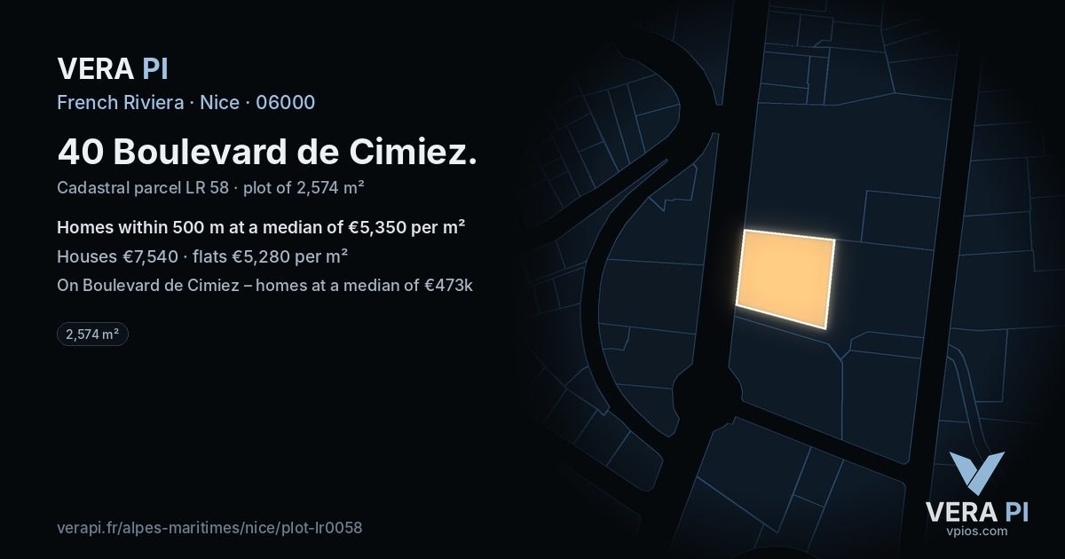 40 Boulevard de Cimiez, Nice at night – the plot lit, the parcels around coloured by the prices near them